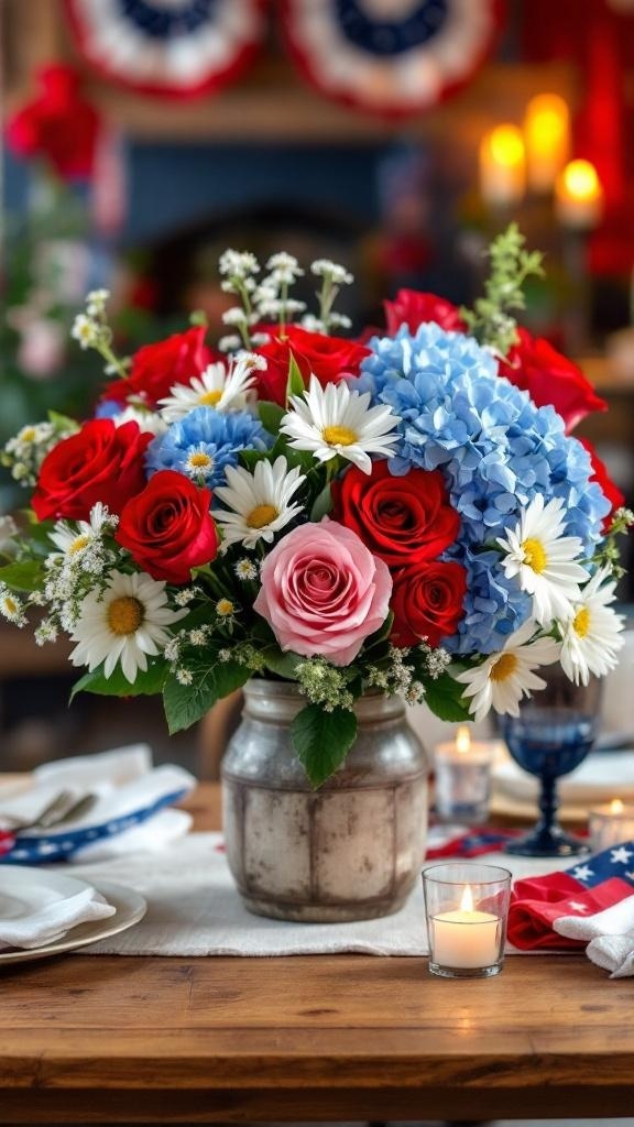 A vibrant floral arrangement featuring red roses, blue hydrangeas, and white daisies in a rustic vase, set on a table with patriotic decorations.
