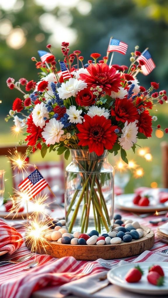 A vibrant 4th of July centerpiece featuring red, white, and blue flowers in a glass vase with American flags and colored stones.