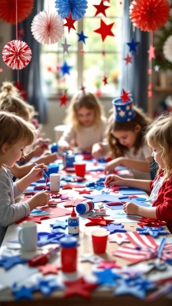 Children crafting 4th of July decorations with red, white, and blue materials.