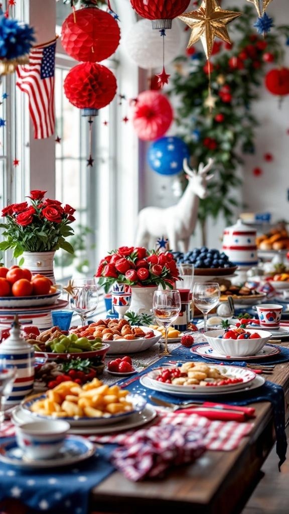 A festive 4th of July themed table with red, blue, and white decorations and food.