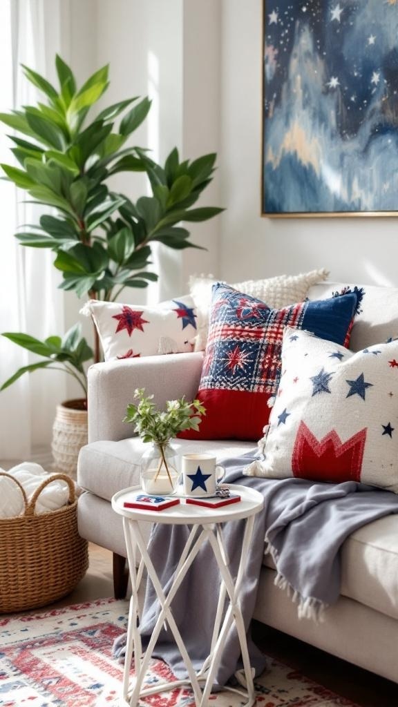 Cozy living room corner decorated with red, white, and blue pillows and throws for the 4th of July