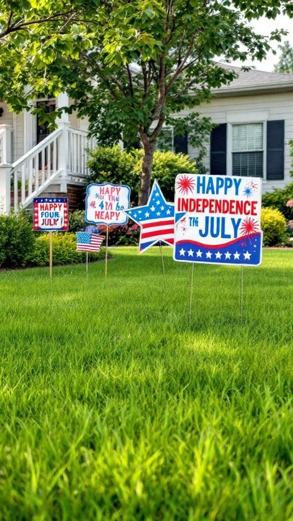 Colorful yard signs celebrating Independence Day in red, white, and blue.