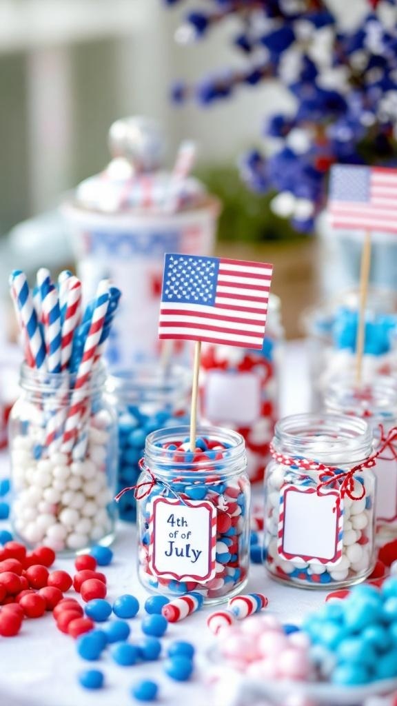 Table set up with jars of red, white, and blue candies and American flags for 4th of July decorations.