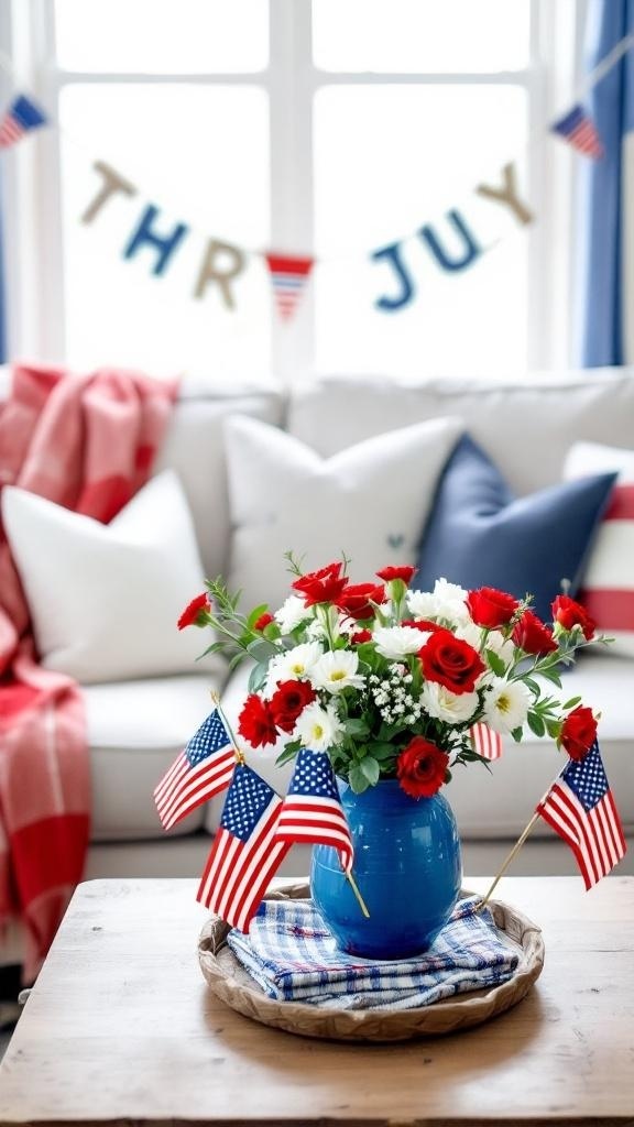 A cozy living room decorated for the 4th of July with flowers, flags, and festive banners.