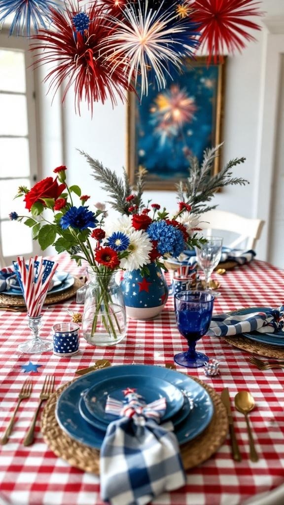 A festive table setting for 4th of July featuring a checkered tablecloth, floral centerpiece, and patriotic decorations.