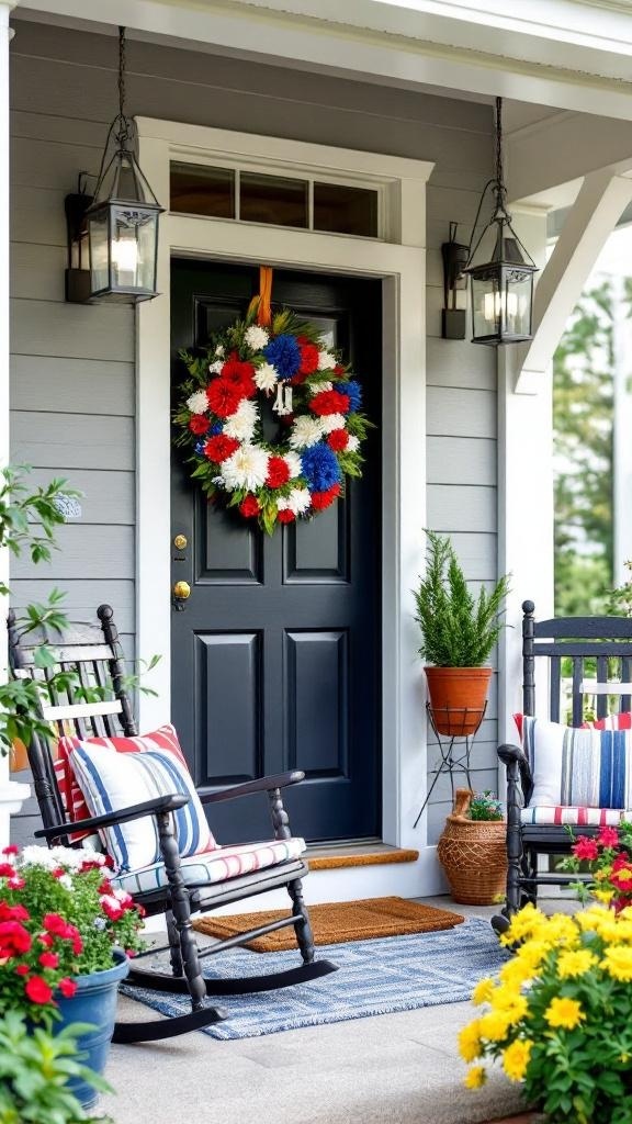 A front porch decorated for the 4th of July with a colorful wreath, rocking chairs, and flower pots.