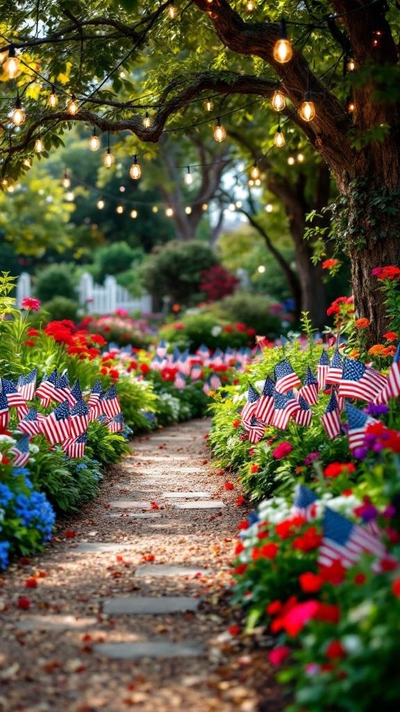 A beautifully decorated garden path with American flags and string lights, showcasing a festive atmosphere for the 4th of July.