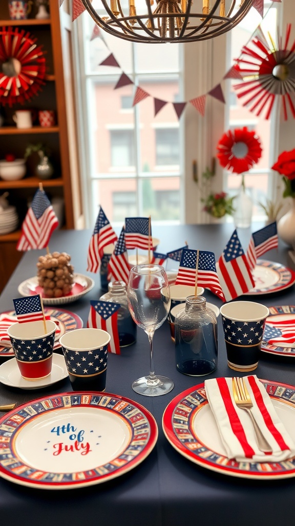 A vibrant 4th of July table setting featuring decorative plates, cups, and small flags.