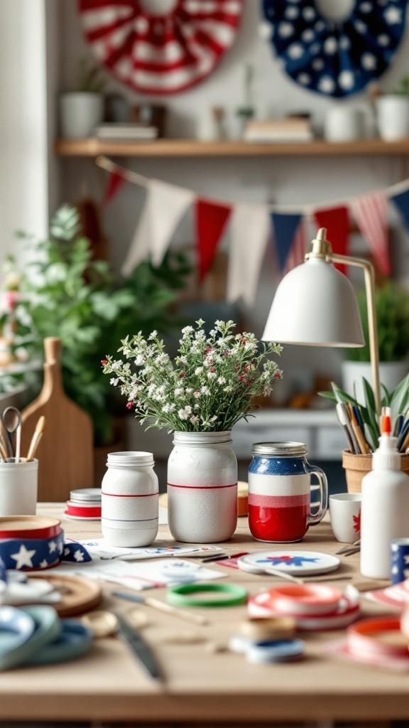 A crafting workspace with patriotic DIY decorations for 4th of July, featuring painted jars, flowers, and craft supplies.