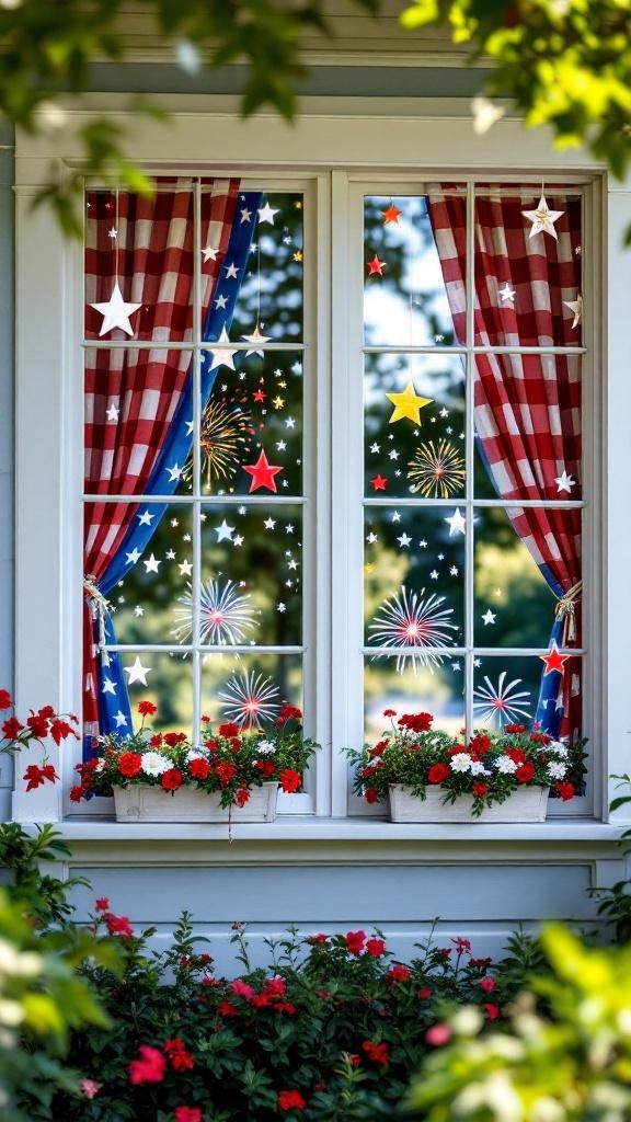 Window decorated with red checkered curtains, blue accents, and festive star and firework designs