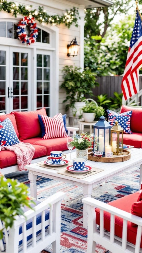 Outdoor seating area decorated in red, white, and blue for 4th of July with cushions, tableware, and plants.