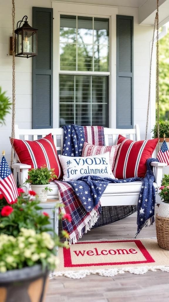 A beautifully decorated porch swing with red and white striped pillows, a blue star blanket, and festive decor for the 4th of July.