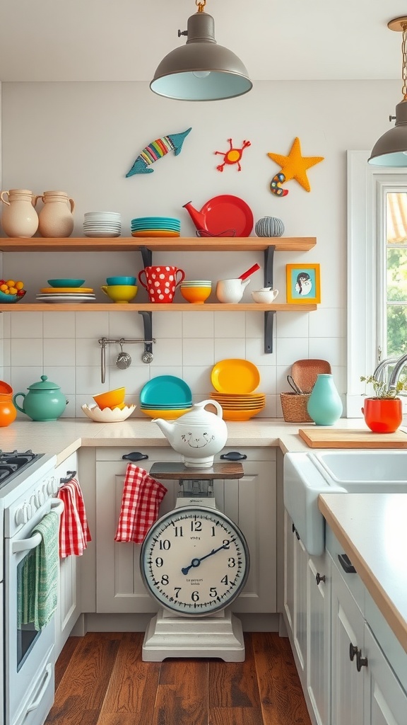 A colorful and whimsical farmhouse kitchen with open shelving displaying bright dishes and a vintage scale.