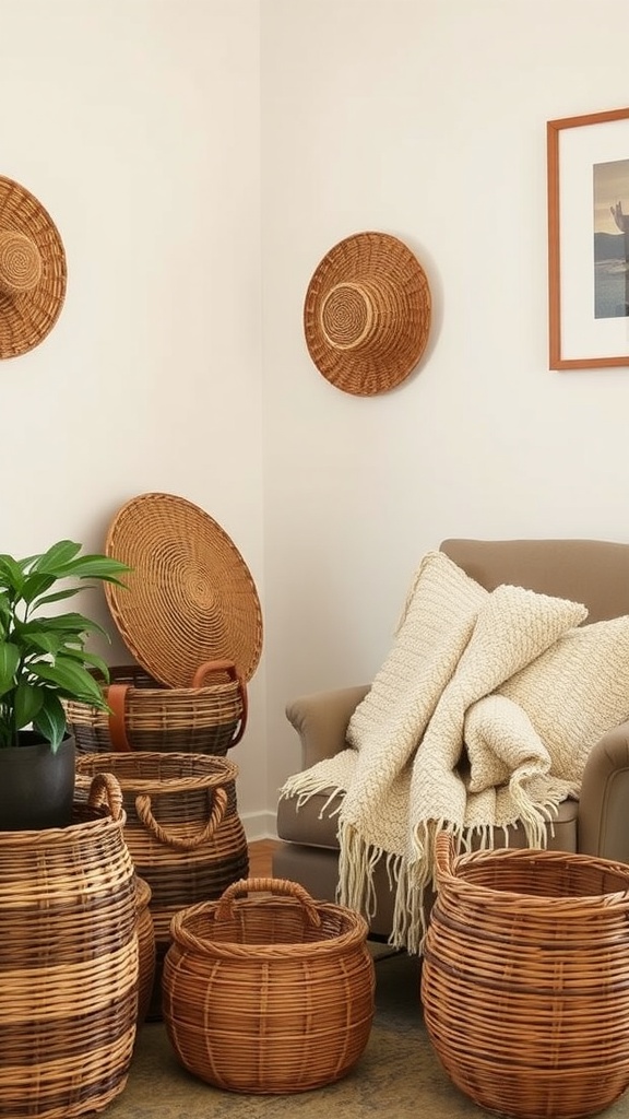 A cozy living space featuring woven baskets and a soft blanket on a chair.