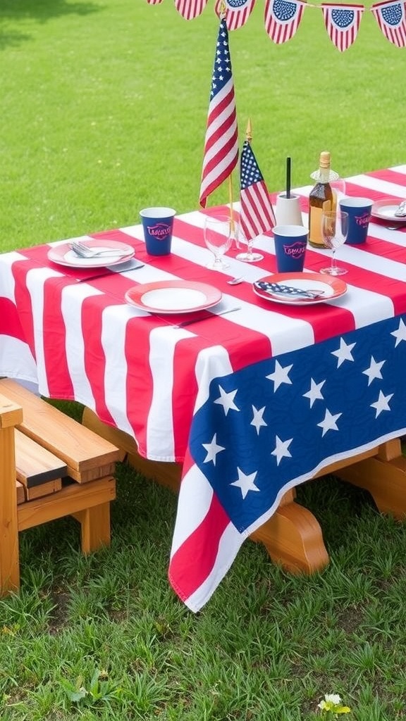 Table set for 4th of July with an American flag tablecloth, plates, and cups.