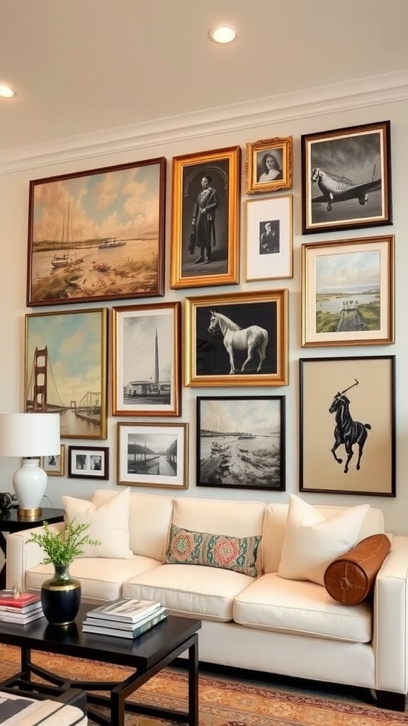 A stylish living room wall with an arrangement of framed artworks above a white sofa, showcasing a variety of styles and colors.