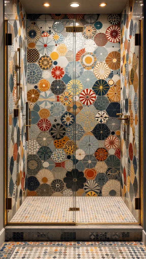 A walk-in shower with vibrant patterned tiles featuring various shapes and colors.