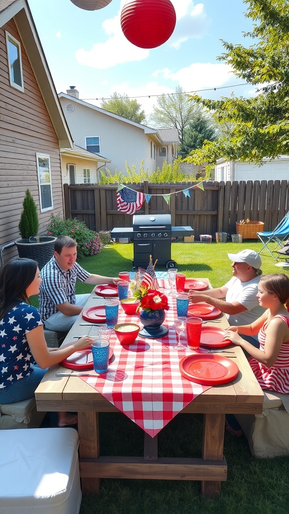 Family gathering in a backyard decorated for a 4th of July celebration.