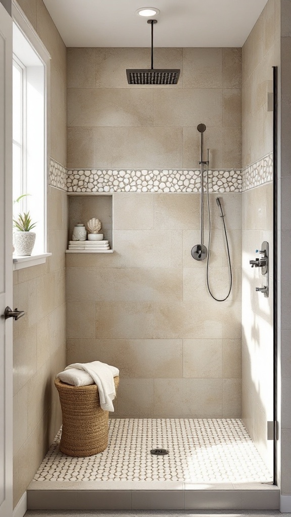 A walk-in shower with beach-inspired tiles and a cozy vibe.