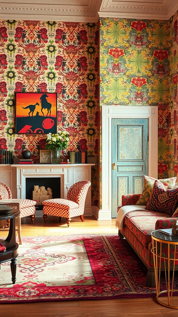 A vibrant living room featuring bold patterned wallpaper, colorful decor, and eclectic furniture.