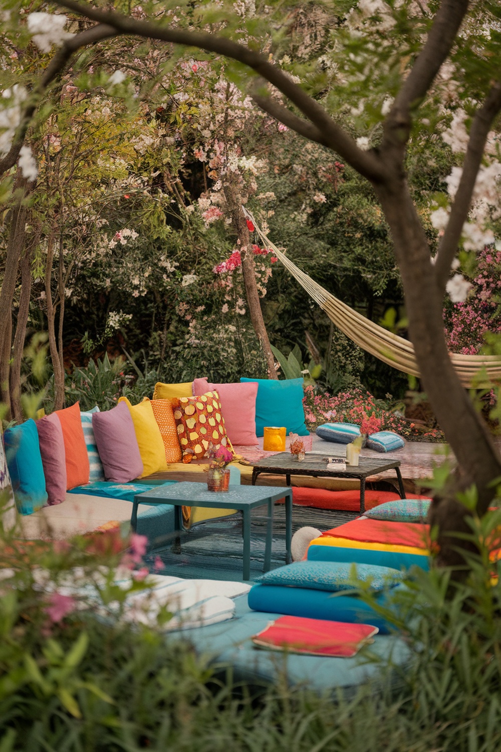 Colorful outdoor lounge area with cushions and a hammock surrounded by trees and flowers