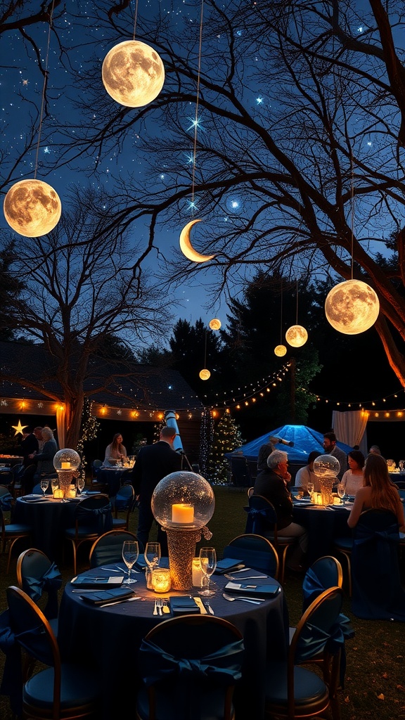 A beautifully decorated outdoor space for a celestial-themed party, featuring hanging moons and stars, elegant tables, and warm lighting.