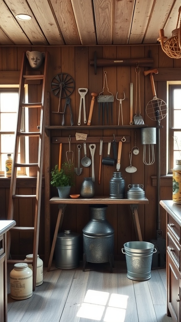 A collection of vintage farm tools displayed on a wooden wall, featuring metal cans, utensils, and a wooden ladder.