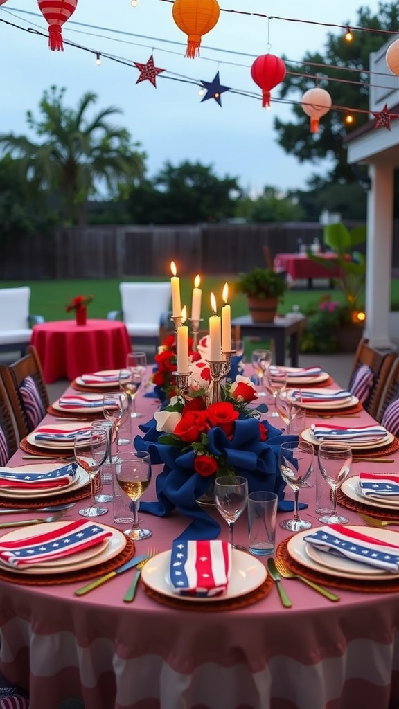 A beautifully decorated outdoor table for a 4th of July celebration with patriotic colors and decorations.