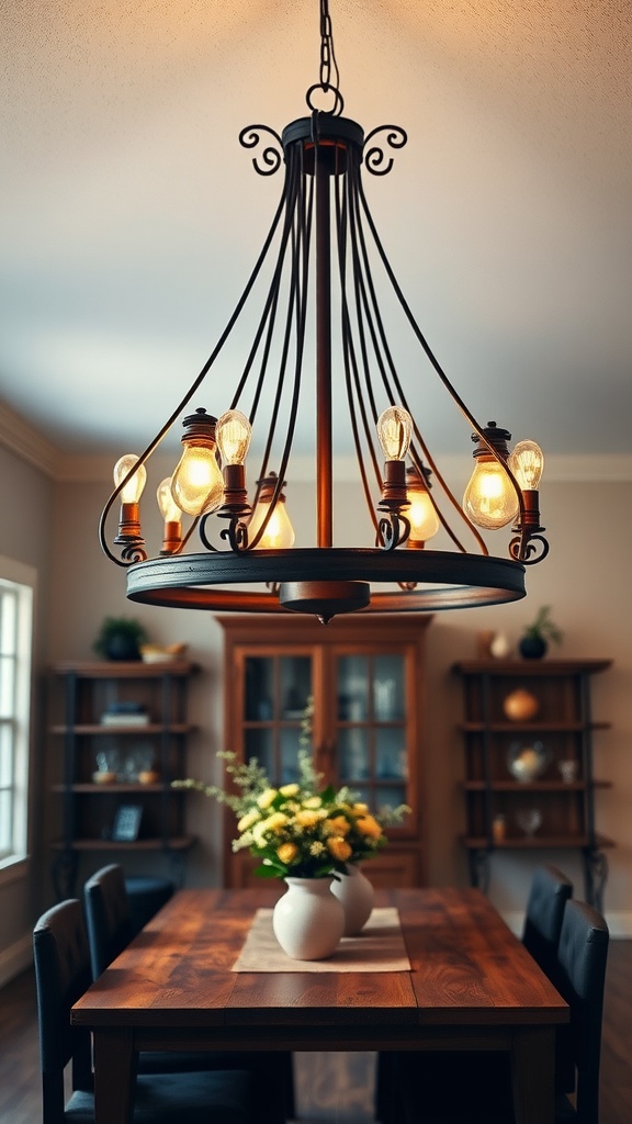 A chic chandelier hanging over a wooden dining table, with a vase of flowers and dark chairs.