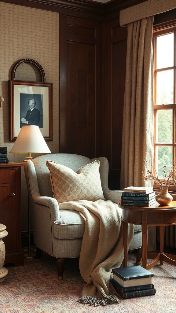 A cozy corner featuring a soft armchair, warm wooden walls, and a small side table with stacked books.