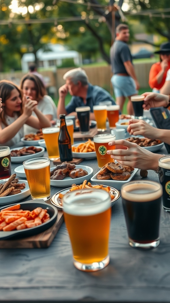 A gathering of friends enjoying craft beers and BBQ food at a backyard party.