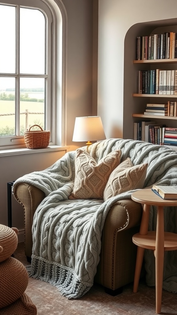 Cozy nook featuring a plush chair with a knit blanket, decorative pillows, a lamp, and a bookshelf by the window.