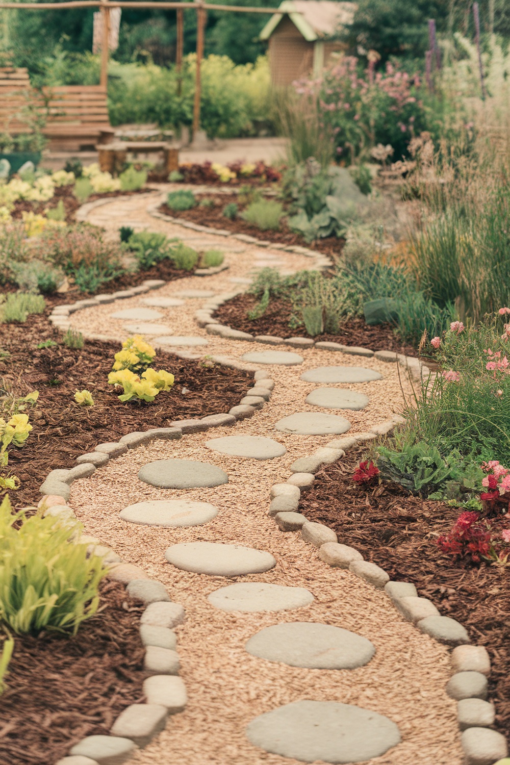 A winding pathway made of stones and mulch, surrounded by various plants in a garden.