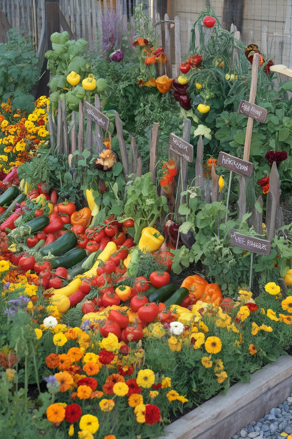 A colorful vegetable patch featuring various vegetables like tomatoes, peppers, and zucchini, surrounded by bright flowers.