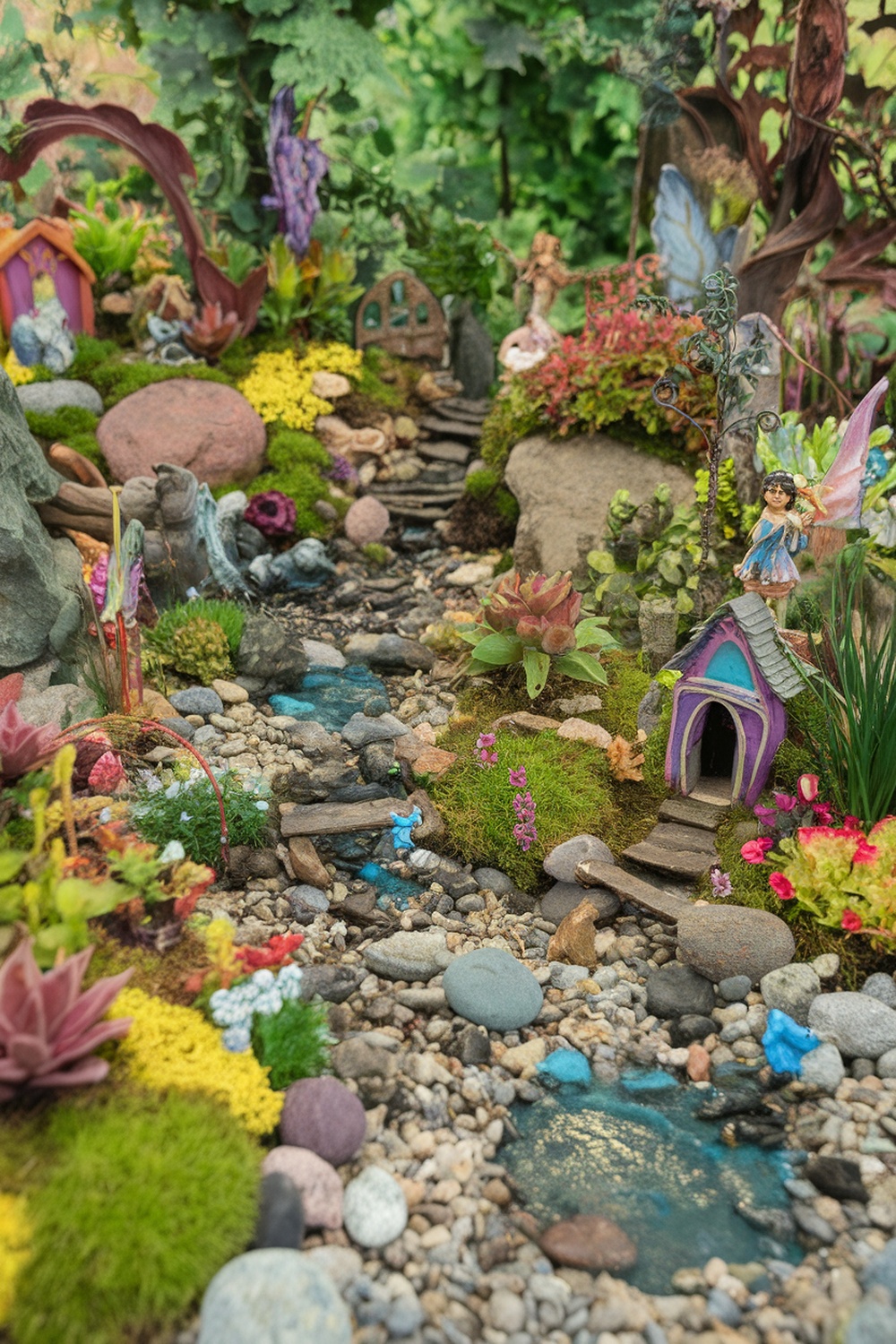 A whimsical fairy garden with tiny houses, colorful flowers, and a winding path.
