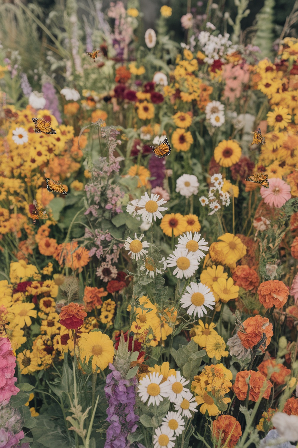 A vibrant flower bed with various colorful flowers and butterflies.