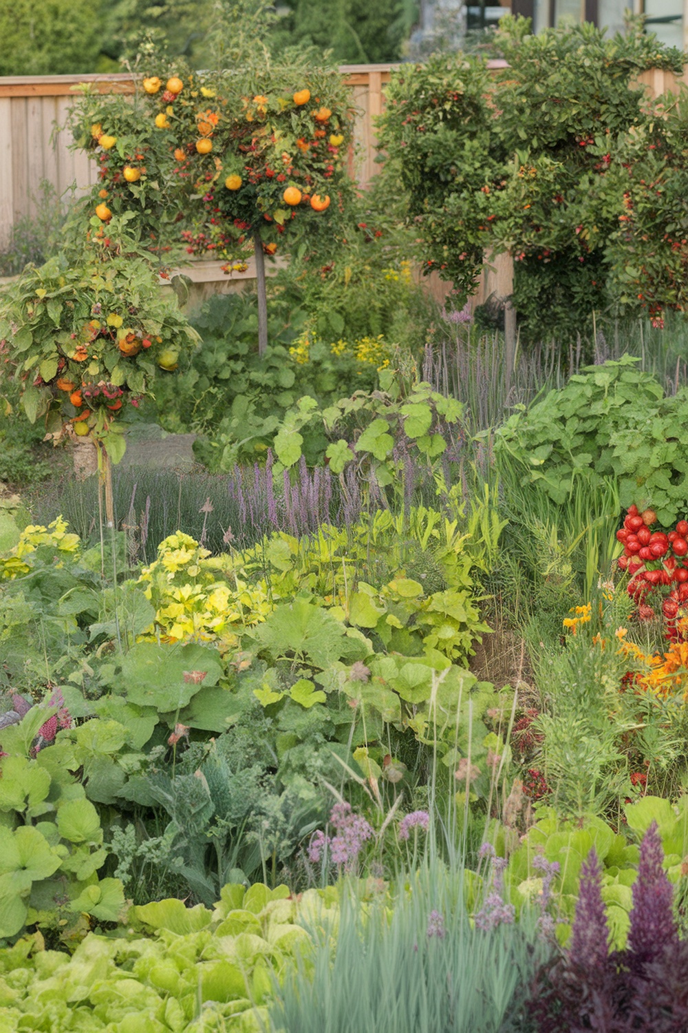 A lush garden featuring fruit trees and various vegetables, showcasing an edible landscape.