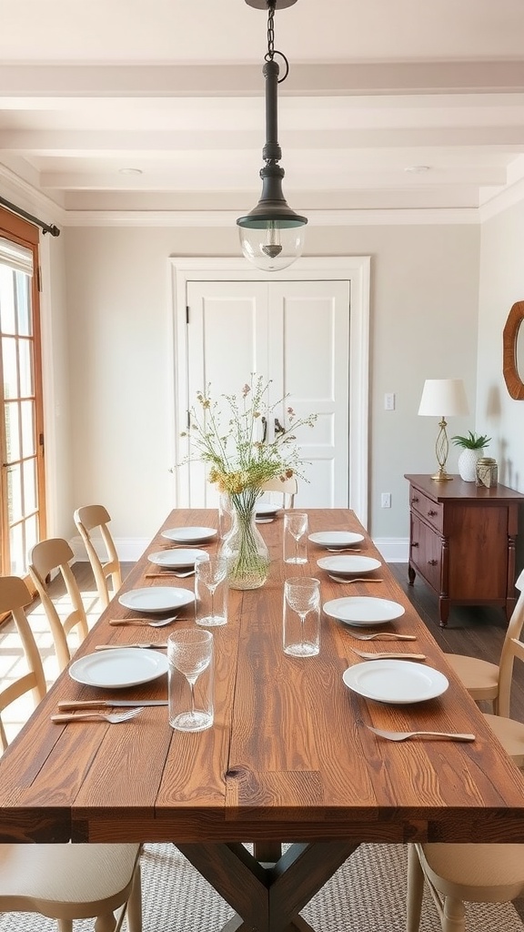 A cozy farmhouse dining area with a large wooden table, neutral decor, and soft lighting