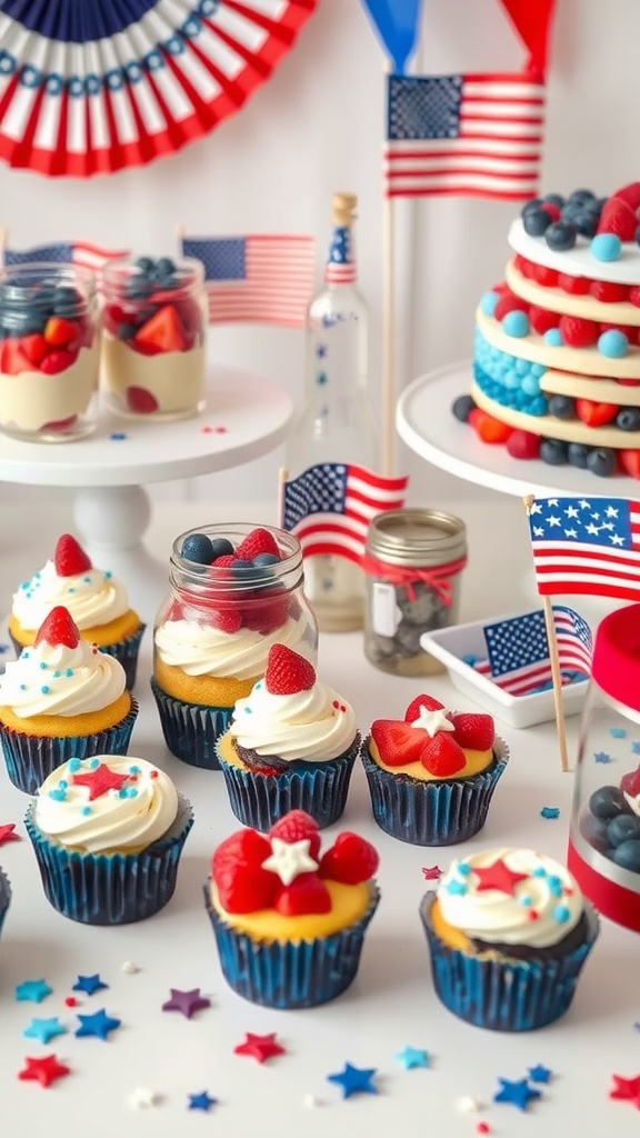 Colorful 4th of July desserts featuring cupcakes, fruit cups, and a layered cake decorated with berries.