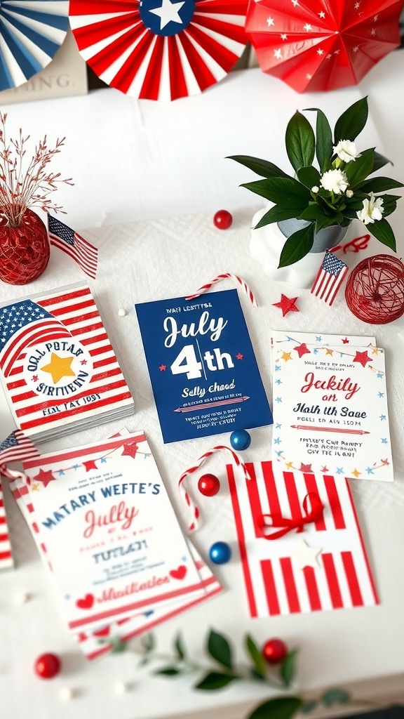 Colorful 4th of July invitations and decorations on a table.