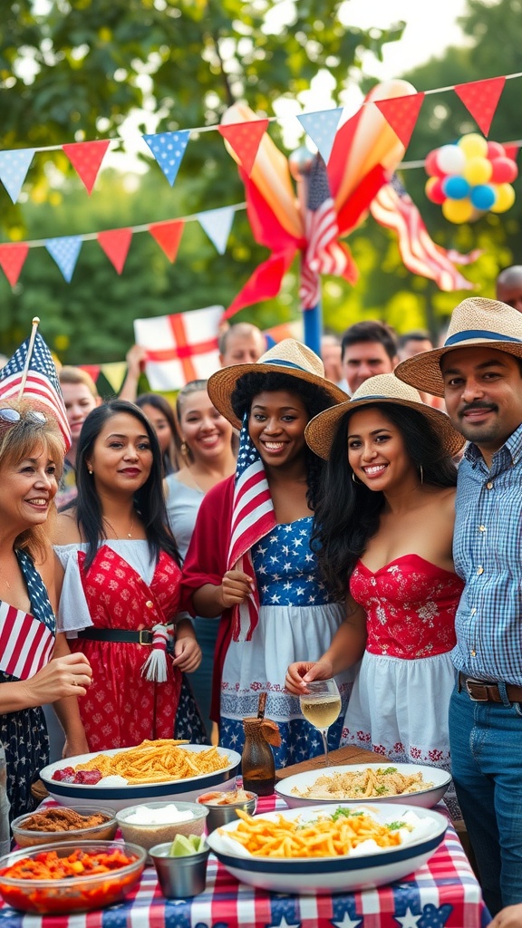A diverse group of friends celebrating July 4th with festive outfits and food.