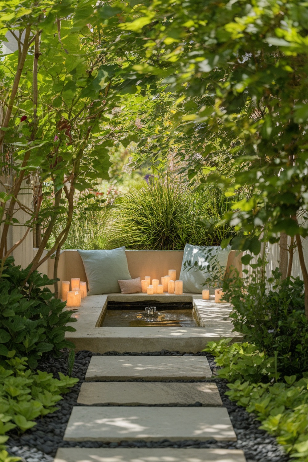 A peaceful meditation corner in a garden with candles, cushions, and a water feature surrounded by greenery.