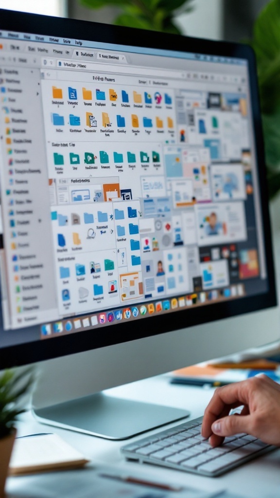 A cluttered computer desktop with multiple folders and files open on the screen.