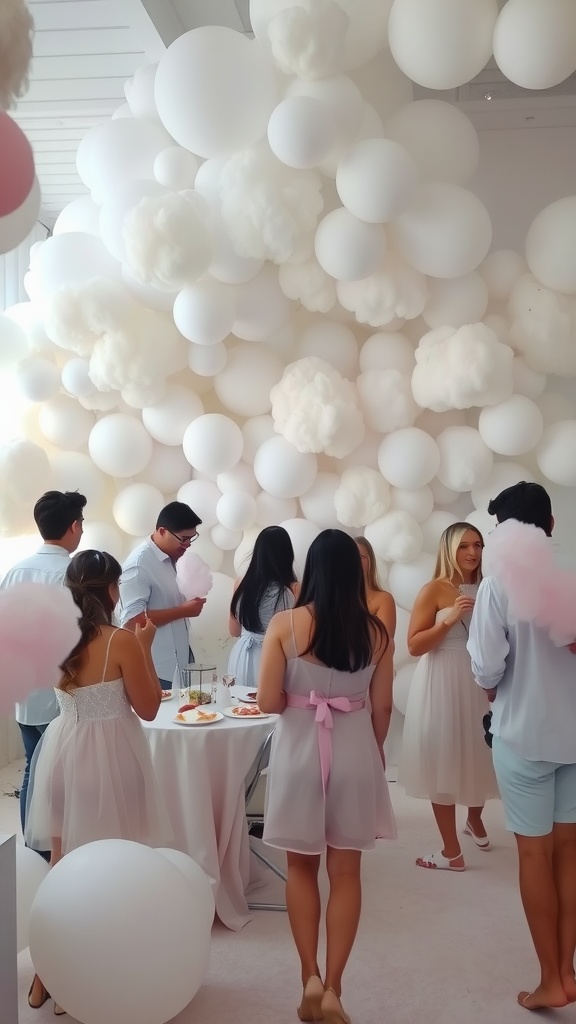 A whimsical party scene featuring a cloud-like balloon installation with guests in light attire.