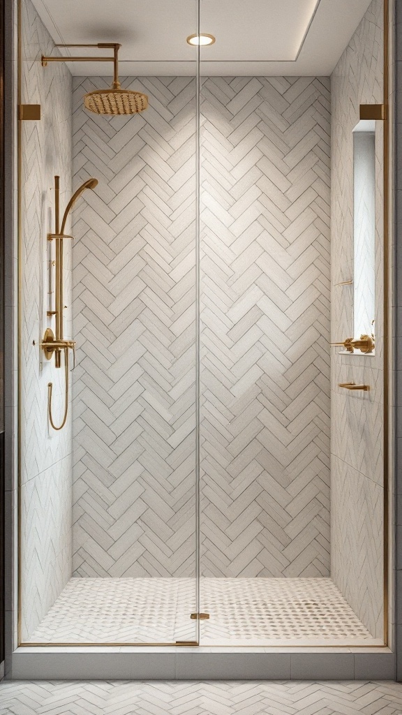 A luxurious walk-in shower featuring light gray herringbone patterned tiles and gold fixtures.