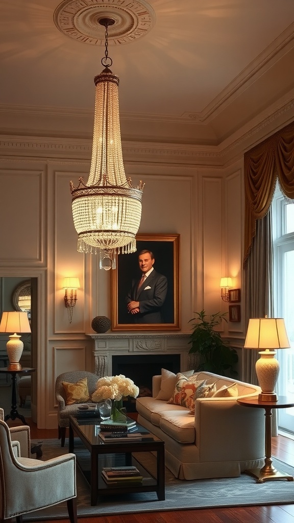 A luxurious living room featuring a beautiful chandelier, elegant furnishings, and warm lighting