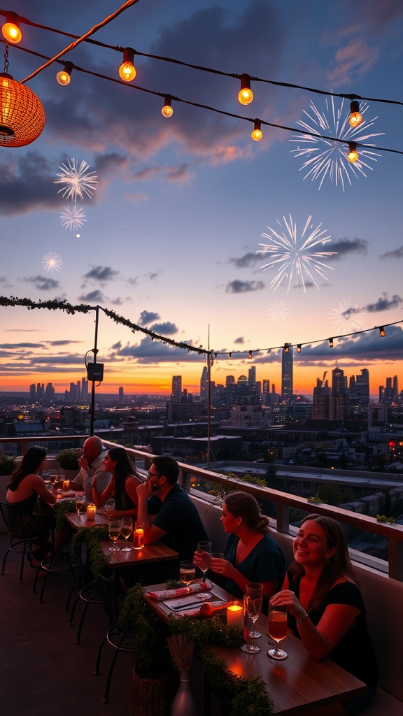 Rooftop party setting with people enjoying drinks and fireworks in the background