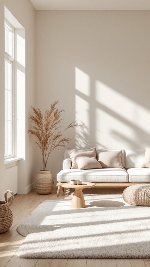A bright and modern living room with minimal decor, featuring a white sofa, a small wooden table, and a plant, showcasing a clean and airy atmosphere.
