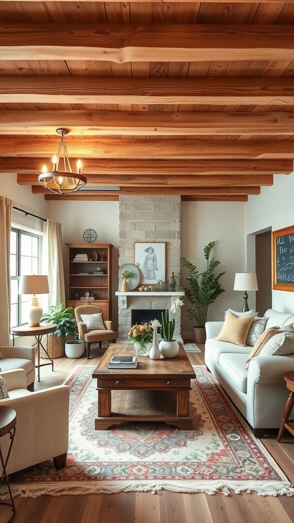 A cozy living room with wooden beams on the ceiling, featuring neutral furniture, a stone fireplace, and decorative plants.