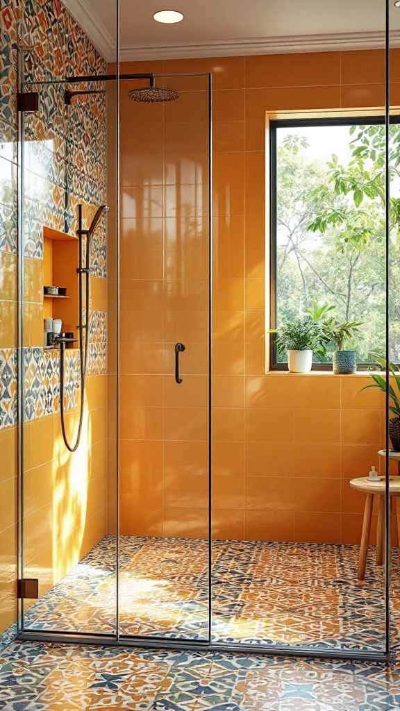 Walk-in shower featuring patterned tiles with warm orange tones and natural lighting
